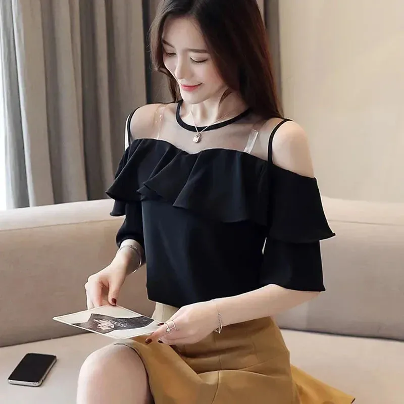 Fashionable Sleeve Summer Short Elegant Off Chiffon Ruffles Shoulder Top