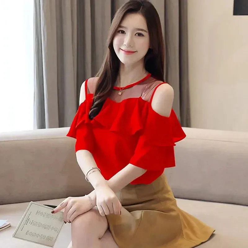 Fashionable Sleeve Summer Short Elegant Off Chiffon Ruffles Shoulder Top