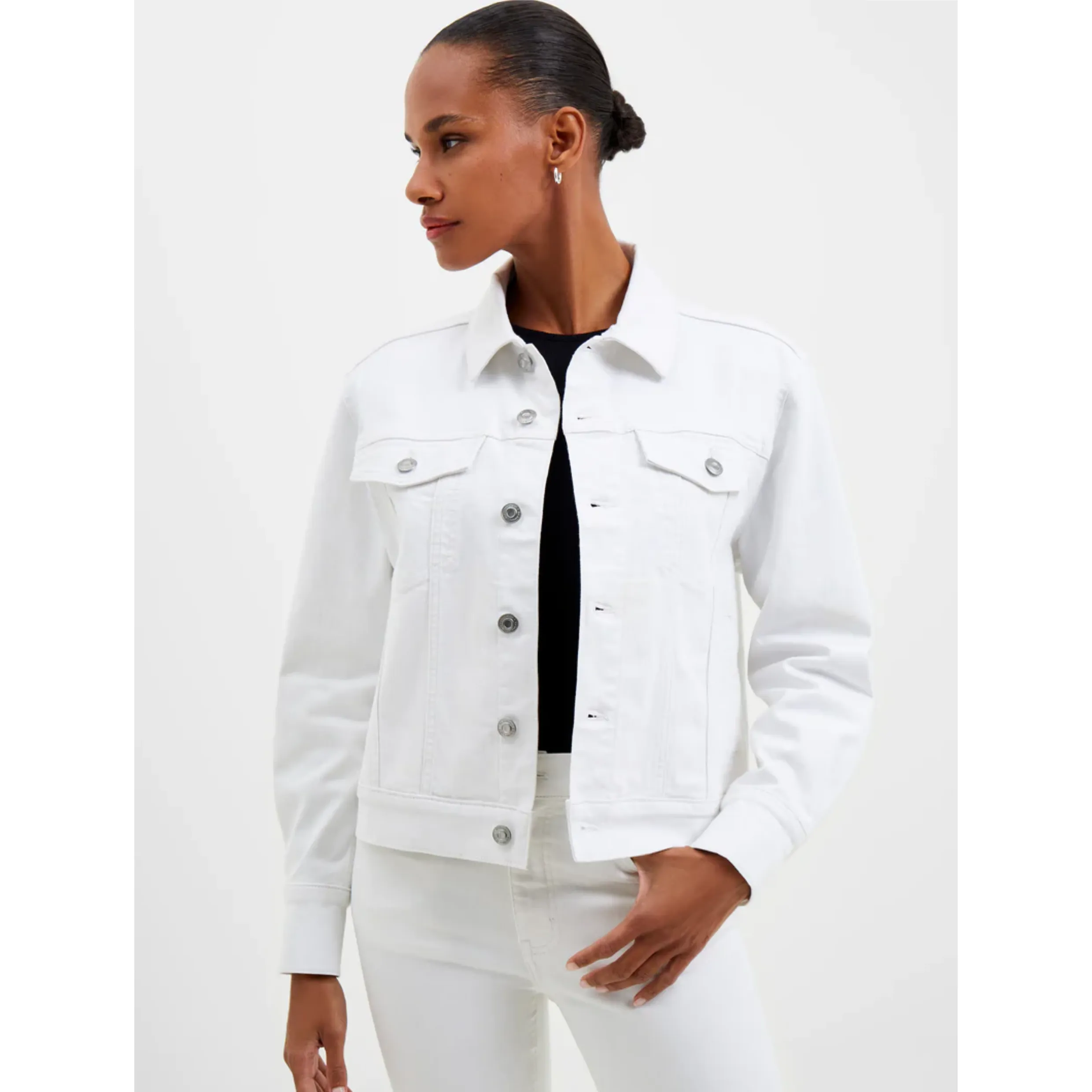 French Connection White Denim Stretch Trucker Jacket 75DZA