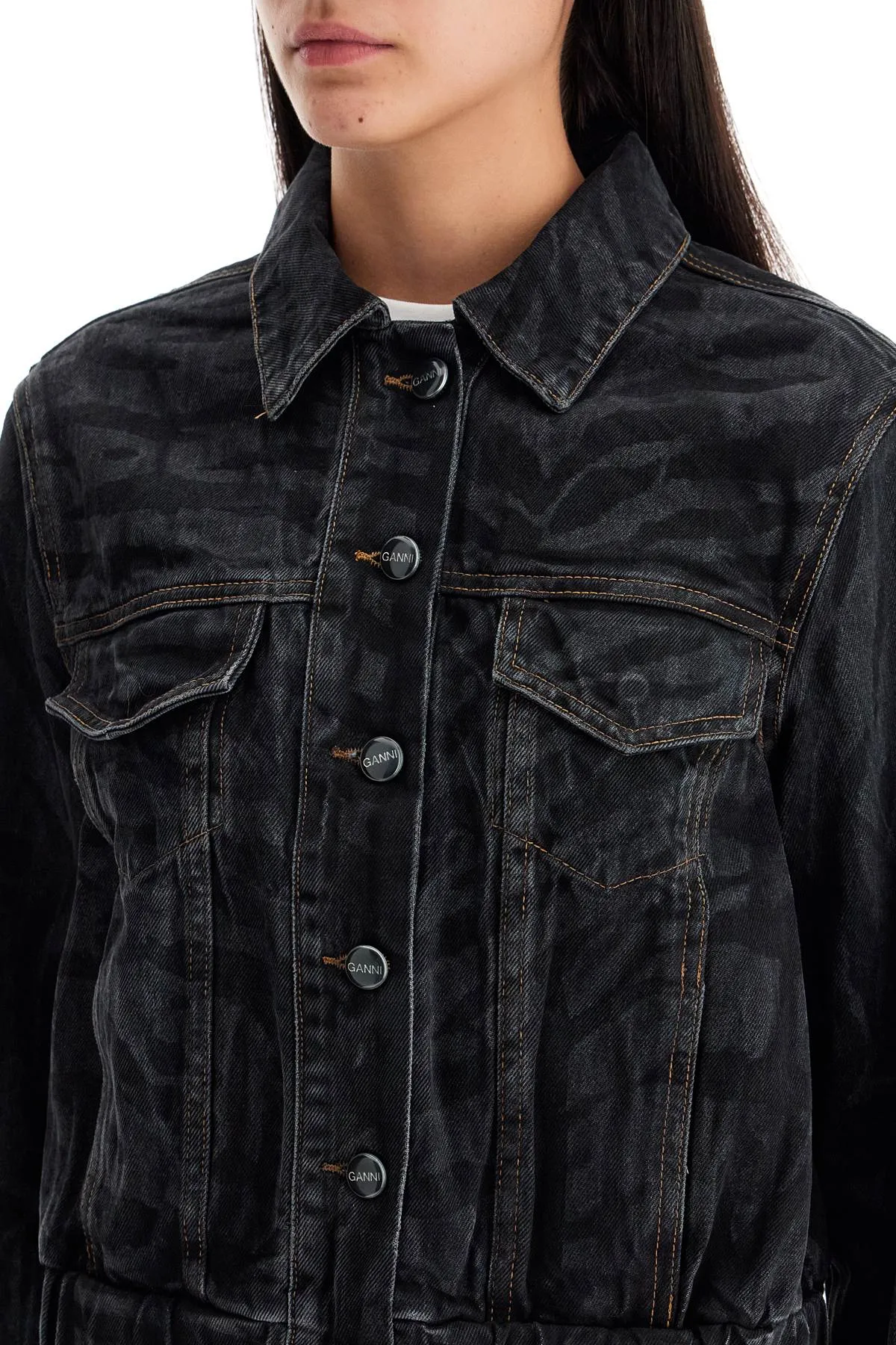 Ganni Cutshort Denim Jacket With Laser-Cut