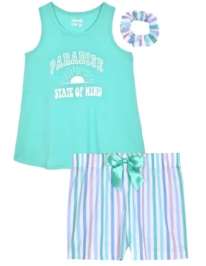 Girls 2-Piece Sleeveless Tank-Top Jersey Pajama Shorts Set with Hair Scrunchie- Paradise State of Mind.