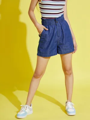 Girls Blue Tencel Paper Bag Shorts