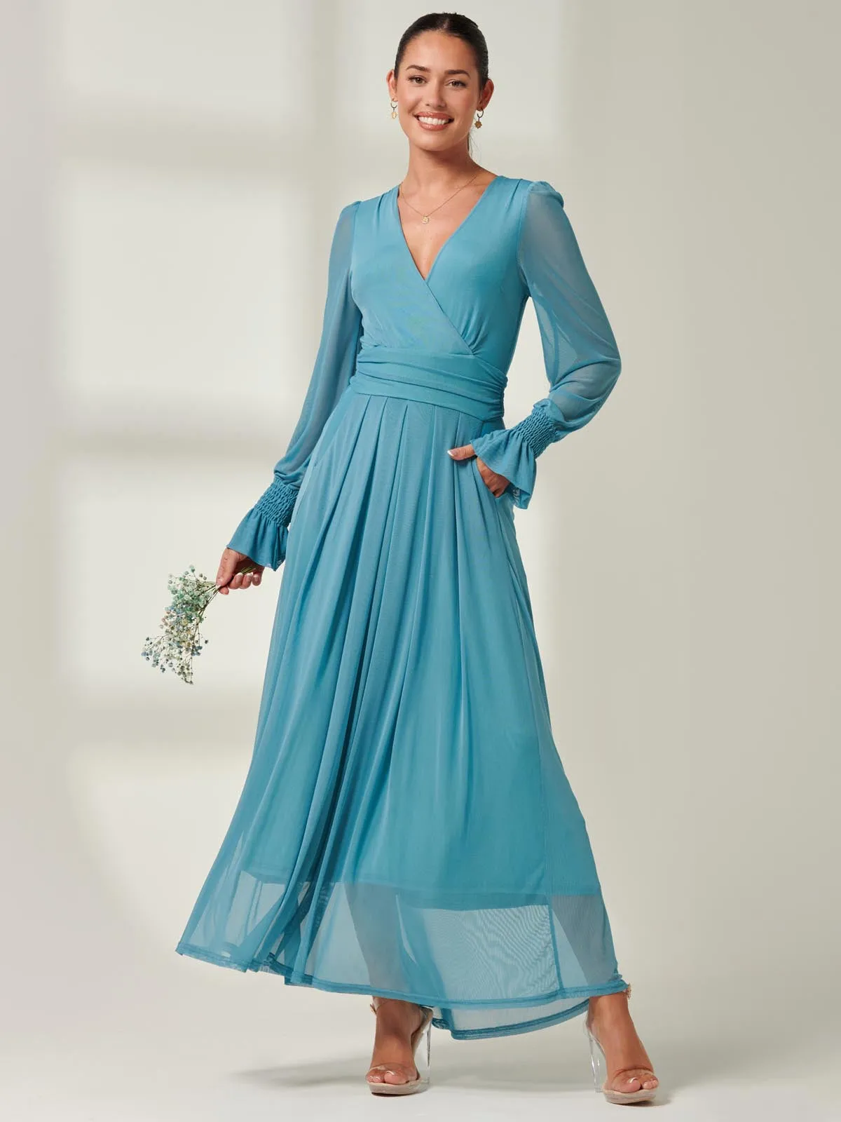 Greta Long Sleeve Mesh Maxi Dress, Teal