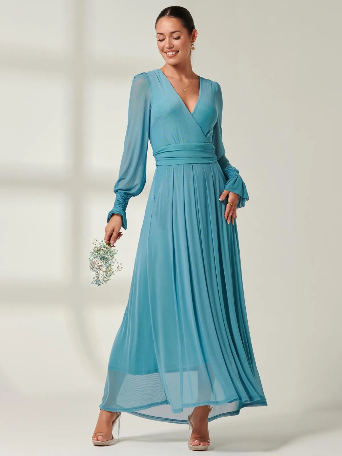 Greta Long Sleeve Mesh Maxi Dress, Teal