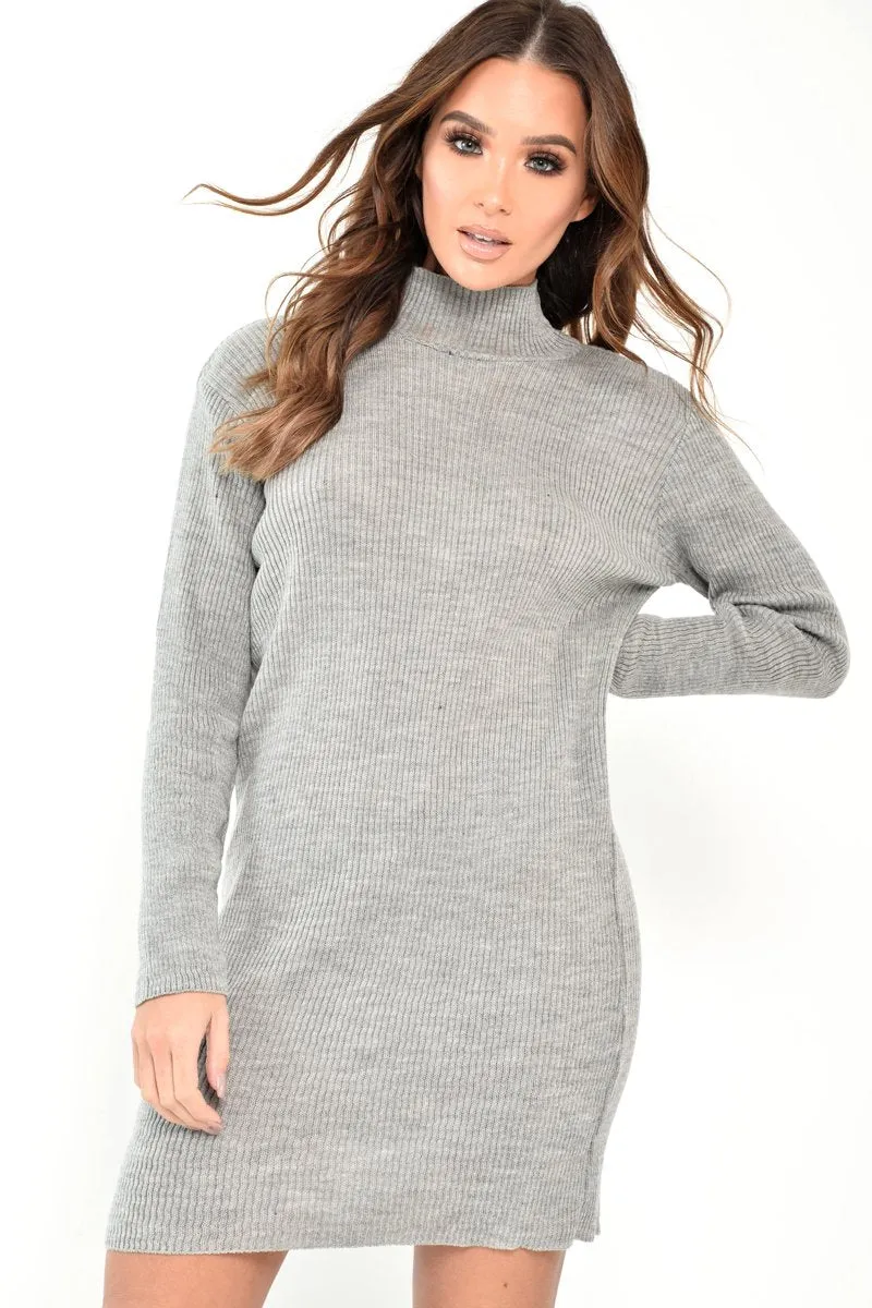 Grey Rib Bodycon Turtle Neck Mini Dress - Tesia