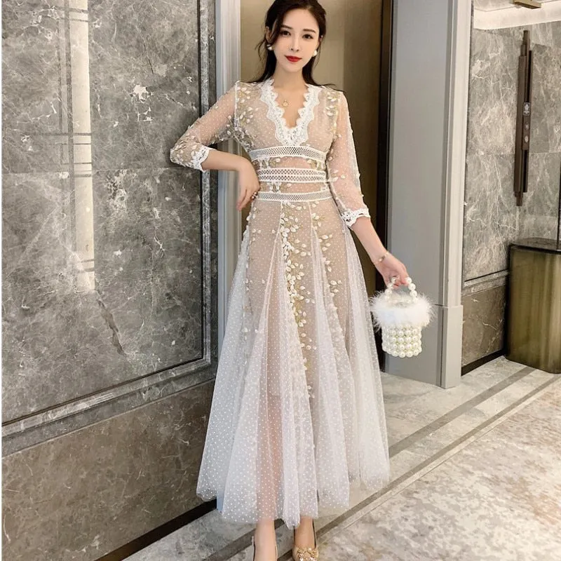 High Quality 2020 Runway Spring Sexy V-neck Three Quarter Sleeve Mesh Embroidery Polka-Dot Dress Elegant Slim Party Long Dress