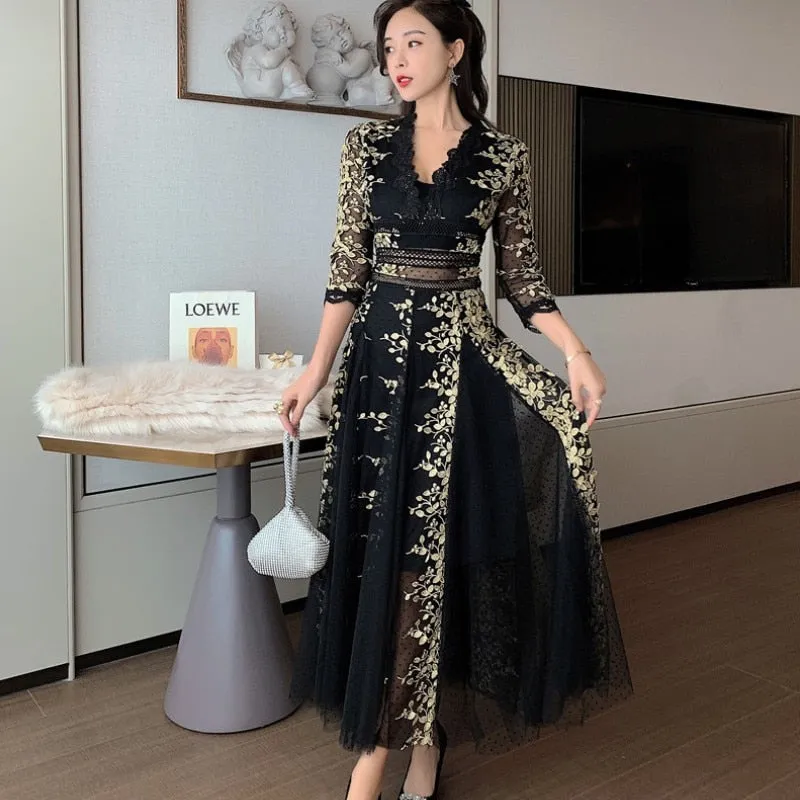 High Quality 2020 Runway Spring Sexy V-neck Three Quarter Sleeve Mesh Embroidery Polka-Dot Dress Elegant Slim Party Long Dress