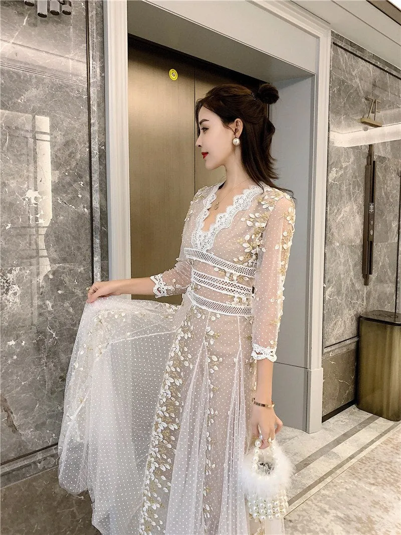 High Quality 2020 Runway Spring Sexy V-neck Three Quarter Sleeve Mesh Embroidery Polka-Dot Dress Elegant Slim Party Long Dress