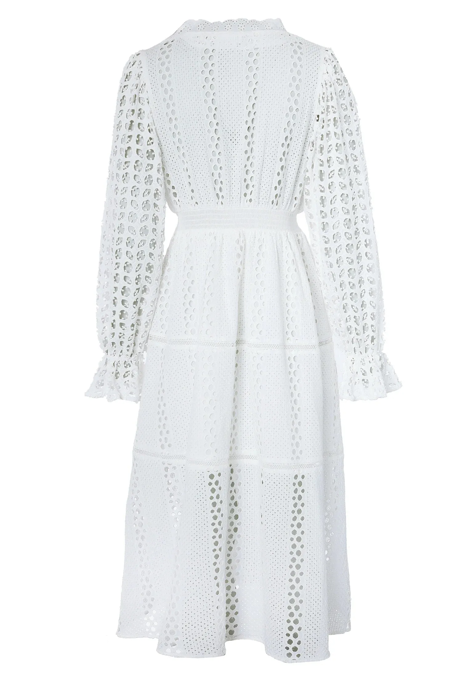 Holland Cooper Broderie Lace V Neck Midi Dress in White