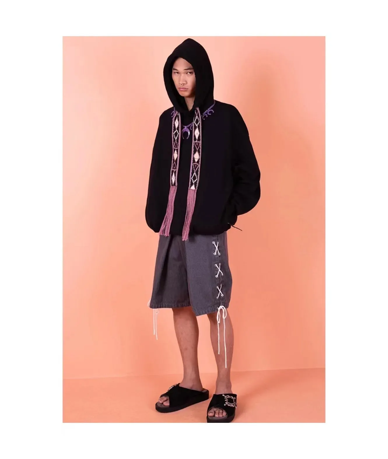 Japan Vintage Geometric Tassels Ethnic Style Embroidery Ribbon Loose Men's Hoodies