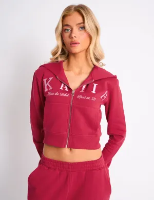 Kaiia Slogan Cropped Zip Up Hoodie Cranberry & Pink