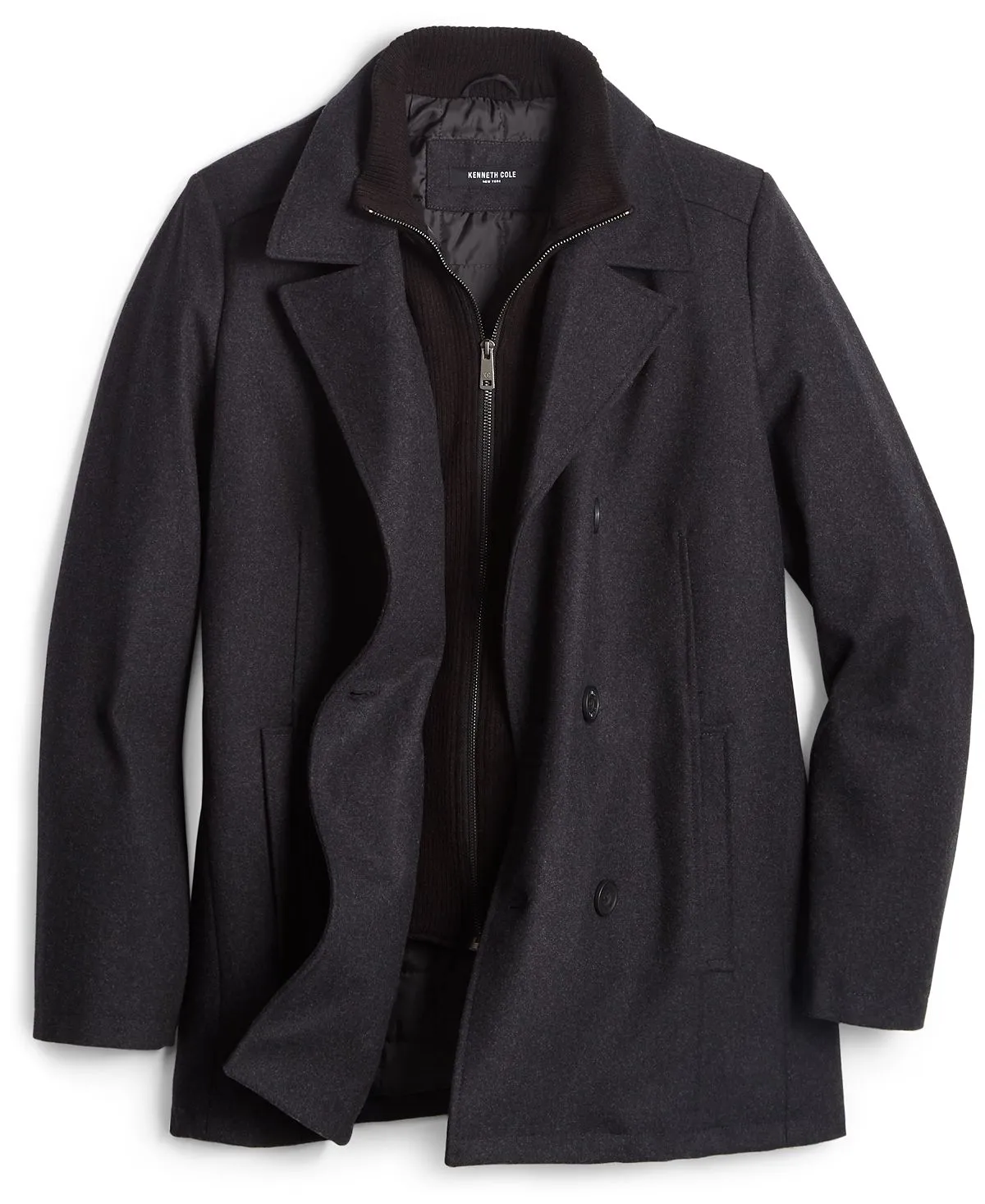 Kenneth Cole Men's Double Breasted Wool Blend Pea Coat with Bib, Multi