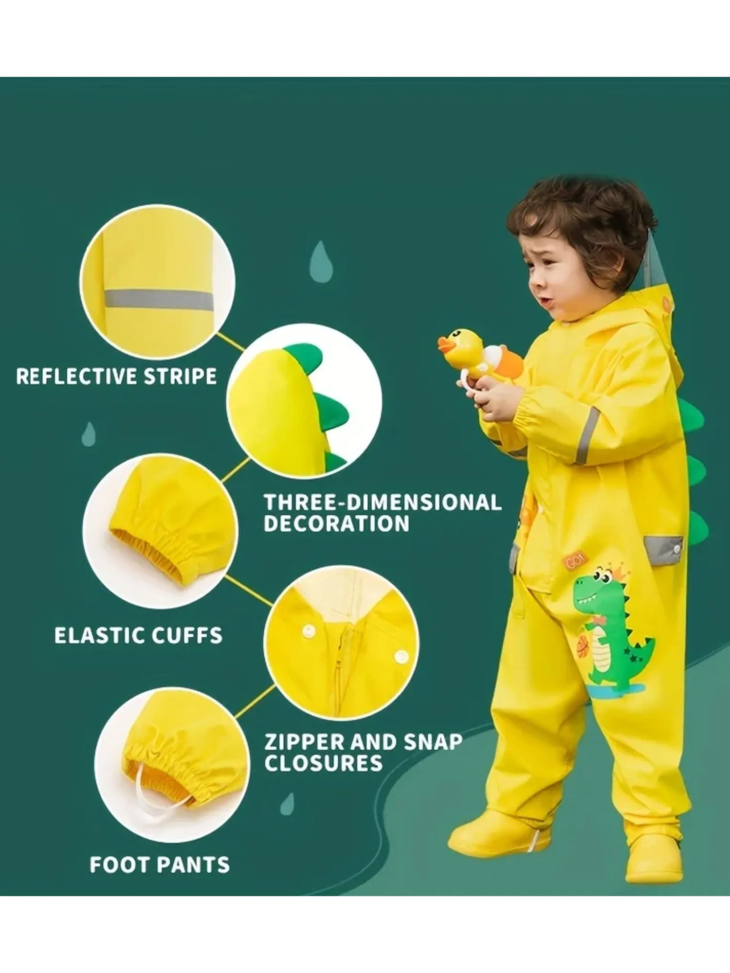 Little Surprise Box Yellow Parachute Dino theme full Jumpsuit Style Raincoat for Toddlers/Kids