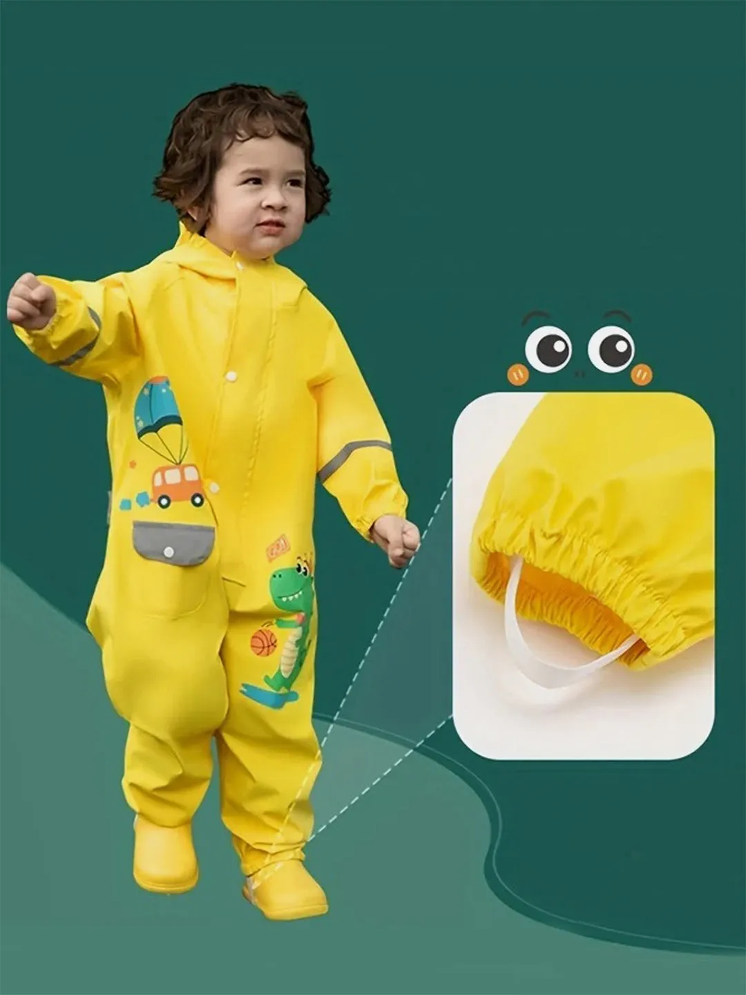 Little Surprise Box Yellow Parachute Dino theme full Jumpsuit Style Raincoat for Toddlers/Kids