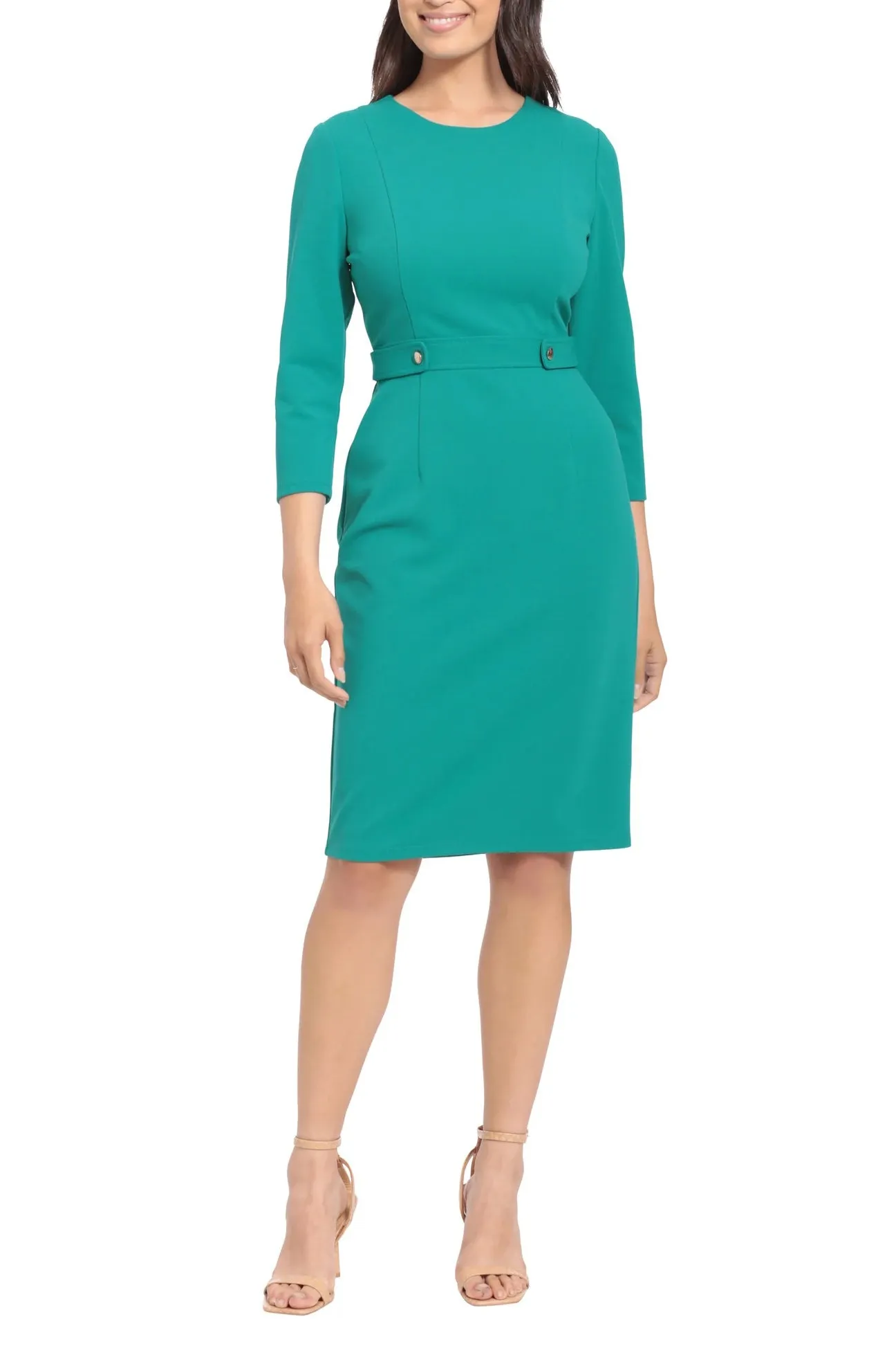 London Times Crew Neck 3/4 Sleeve Bodycon Button Adorned Waist Band Solid Scuba Crepe Dress