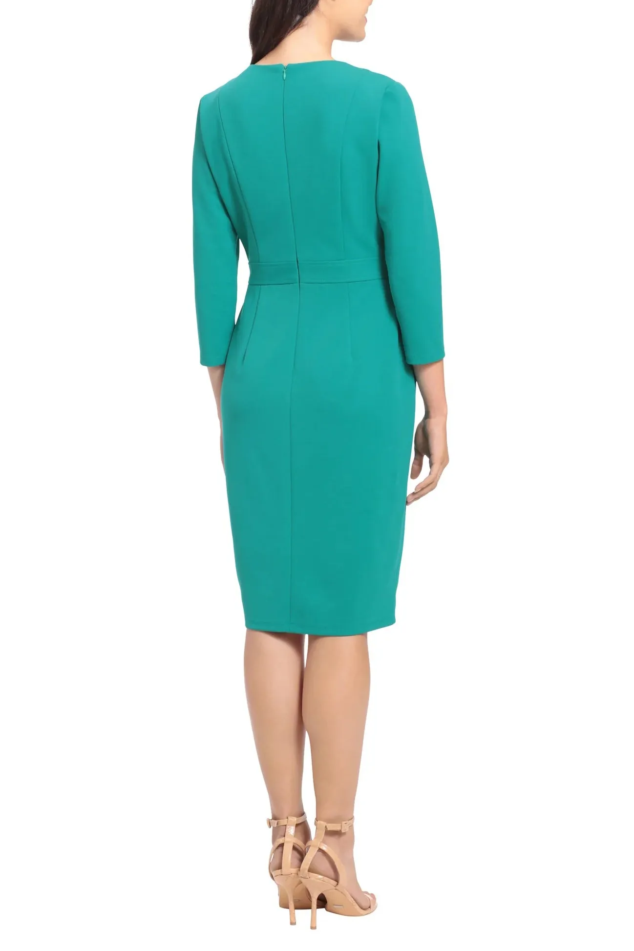 London Times Crew Neck 3/4 Sleeve Bodycon Button Adorned Waist Band Solid Scuba Crepe Dress