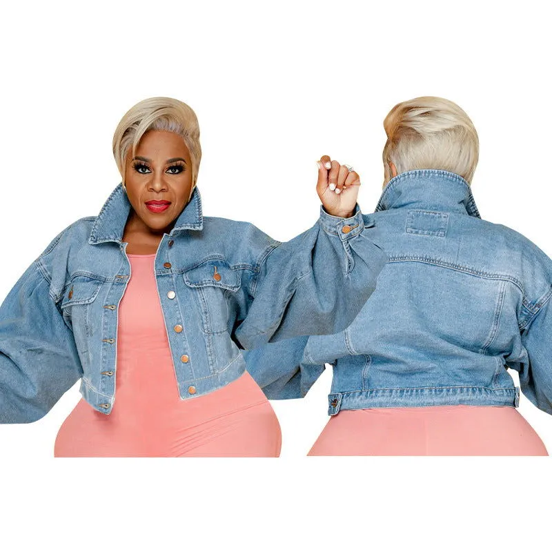 Long-Sleeve Button Collared Washed Denim Crop Jackets