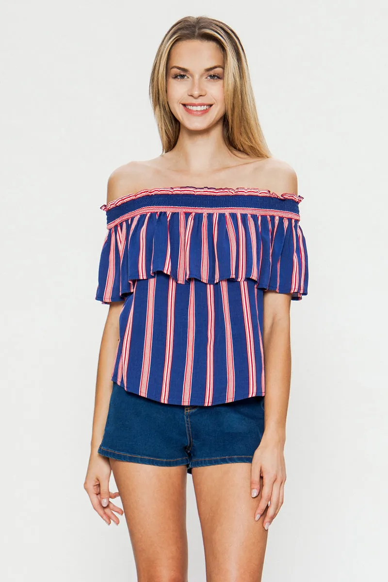 Multi-Color Off Shoulder Striped Top With Short Flutter Sleeves