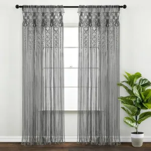 New - 95"x40" Boho Macrame Textured Cotton Window Curtain Panel Gray - Lush Décor