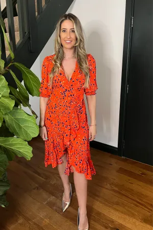 Orange & Navy Splodge Print Wrap Dress