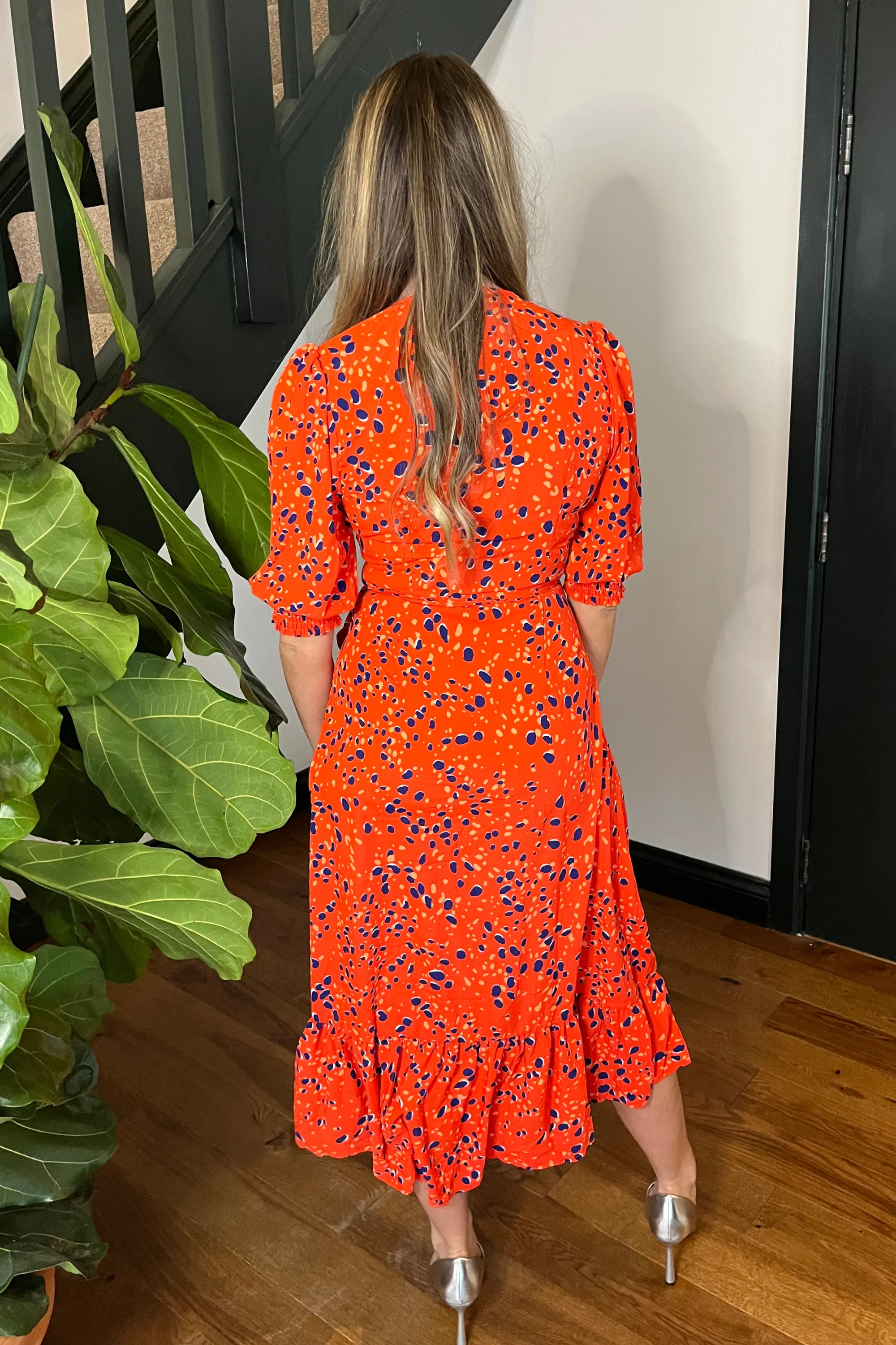 Orange & Navy Splodge Print Wrap Dress