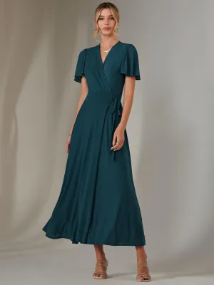 Plain Angel Sleeve Wrapped Maxi Dress, Dark Teal