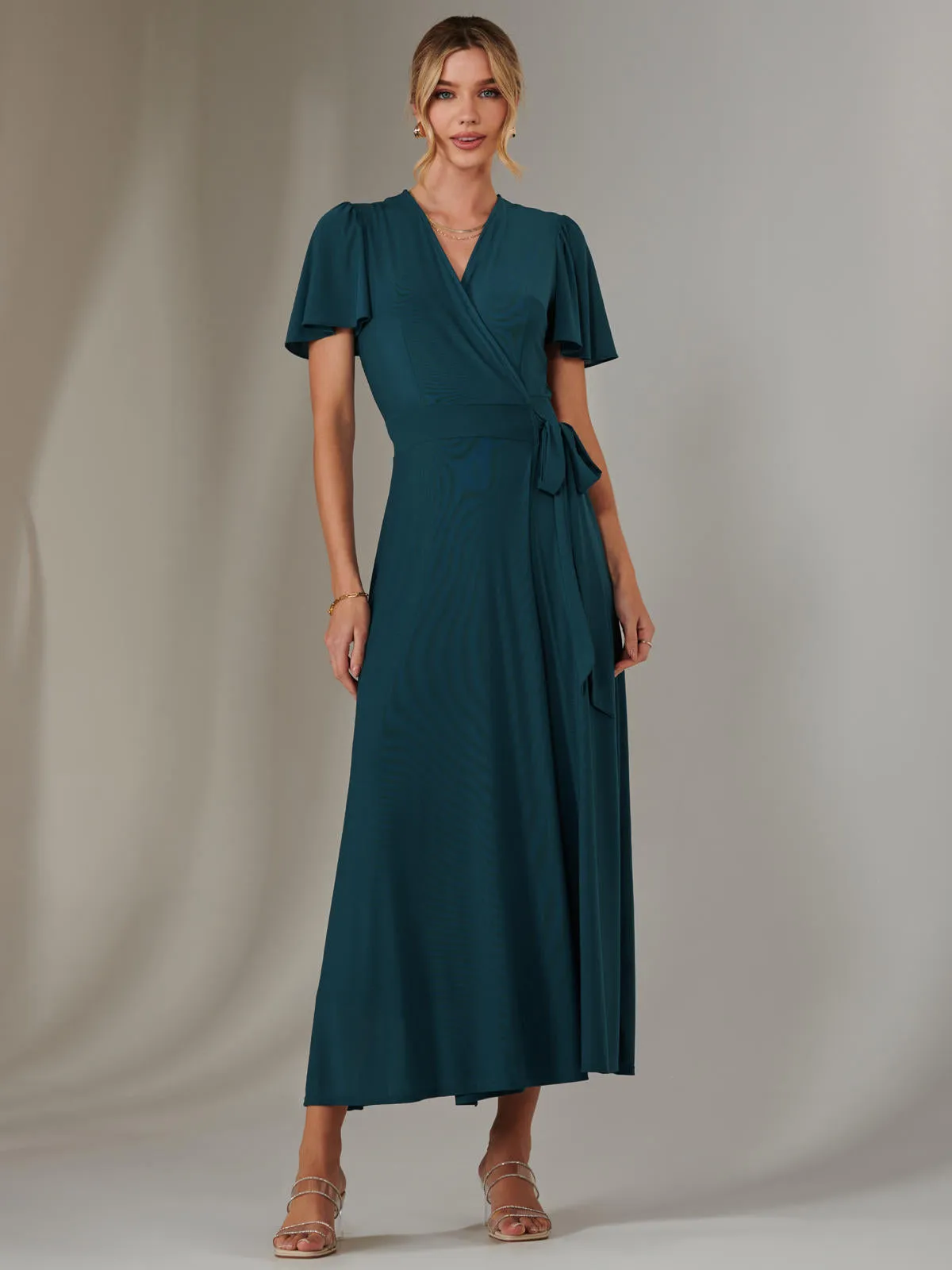 Plain Angel Sleeve Wrapped Maxi Dress, Dark Teal