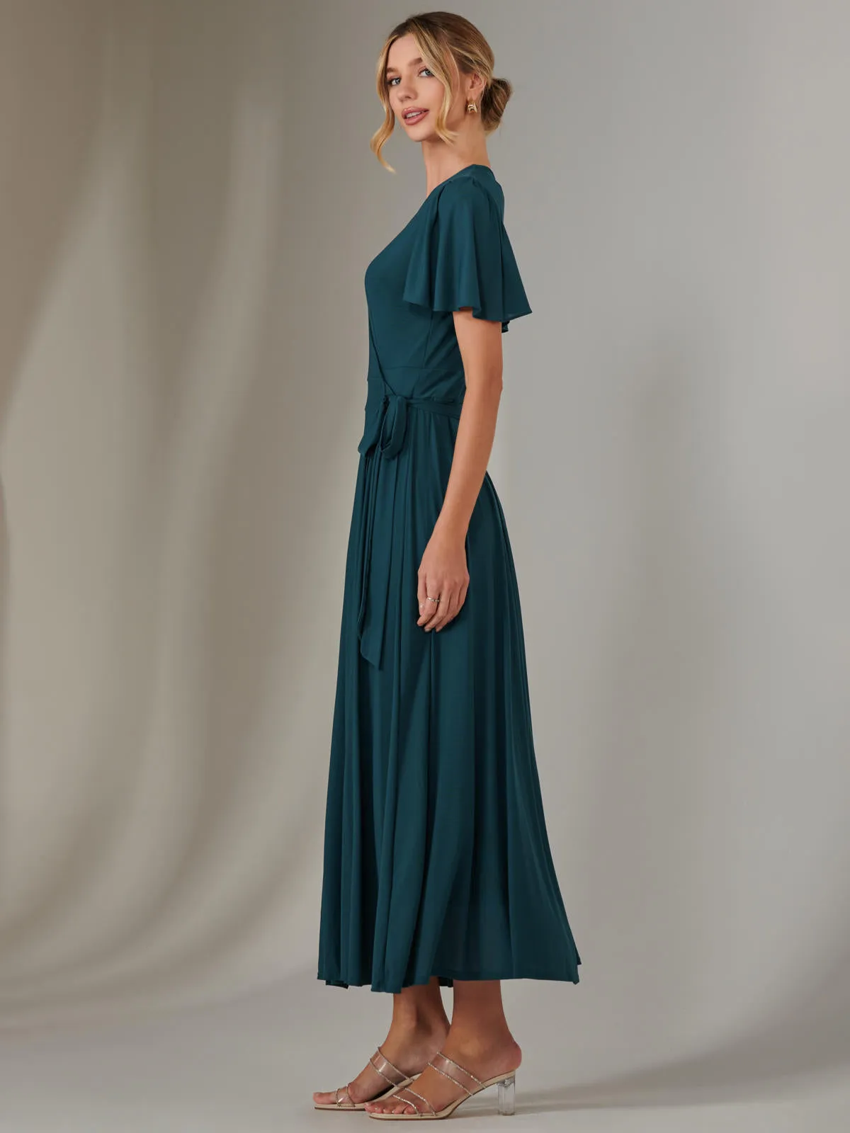 Plain Angel Sleeve Wrapped Maxi Dress, Dark Teal