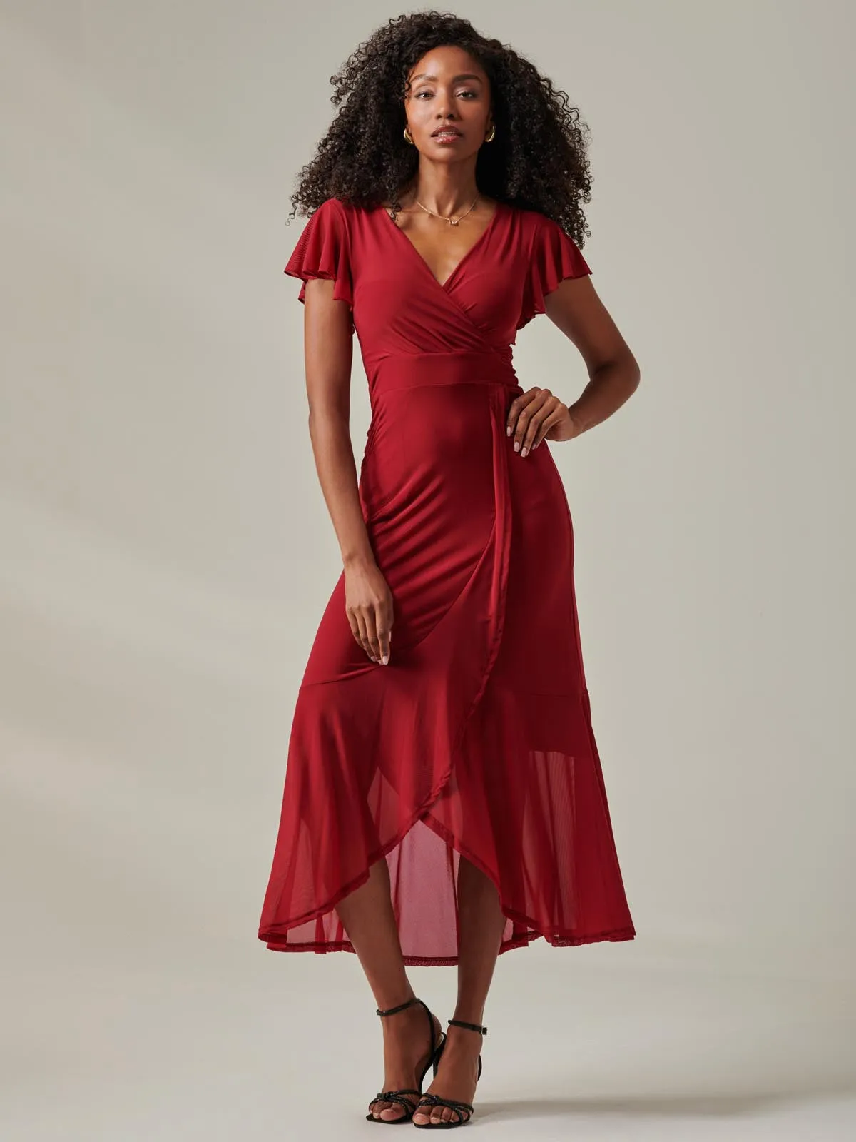 Plain Wrap Mesh Maxi Dress, Burgundy