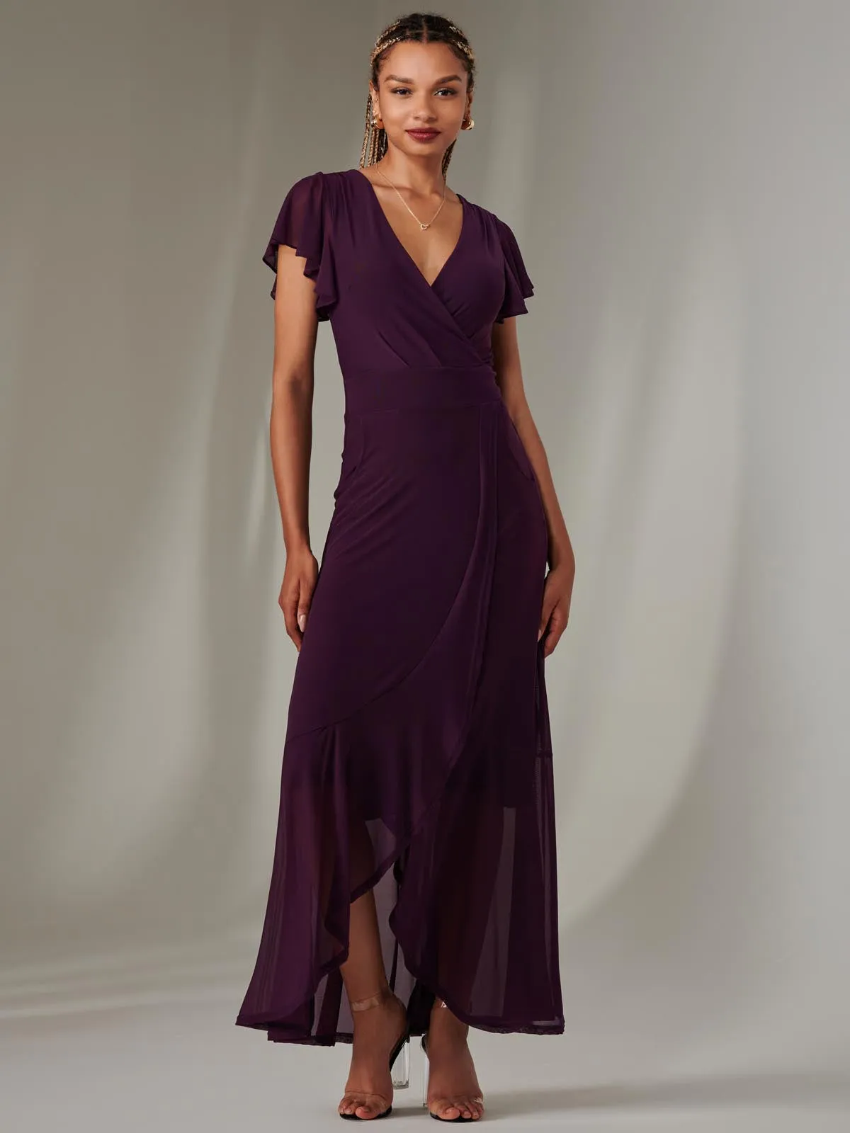 Plain Wrap Mesh Maxi Dress, Dark Purple