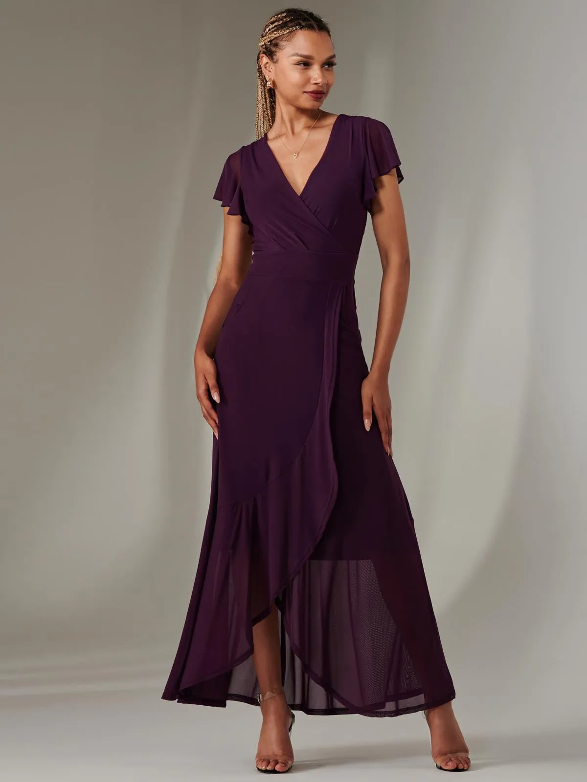 Plain Wrap Mesh Maxi Dress, Dark Purple