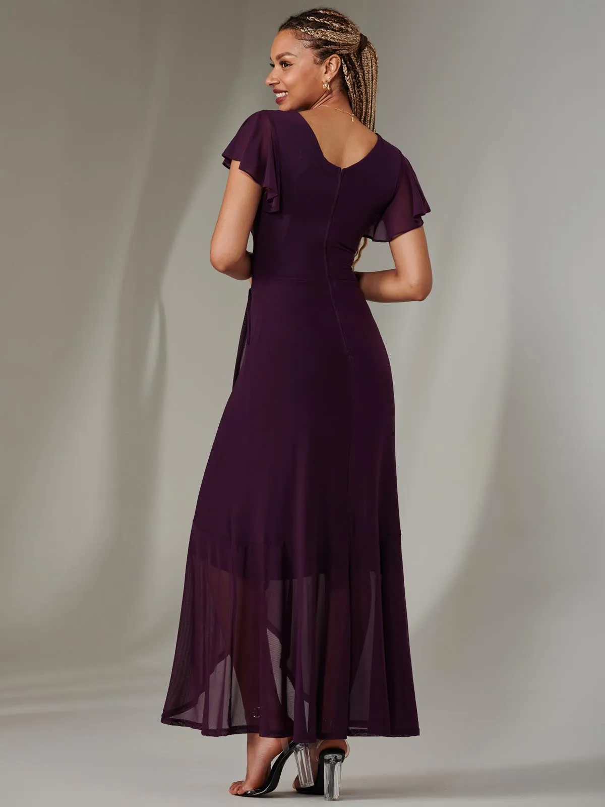 Plain Wrap Mesh Maxi Dress, Dark Purple