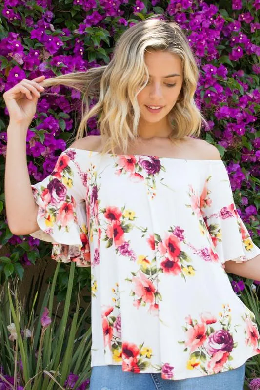 Plus Ruffle Sleeve Off Shoulder Floral Top