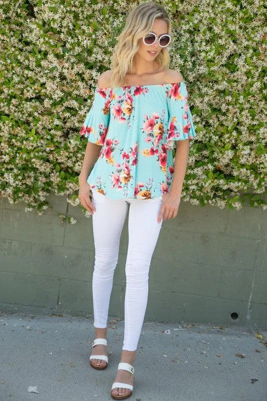 Plus Ruffle Sleeve Off Shoulder Floral Top