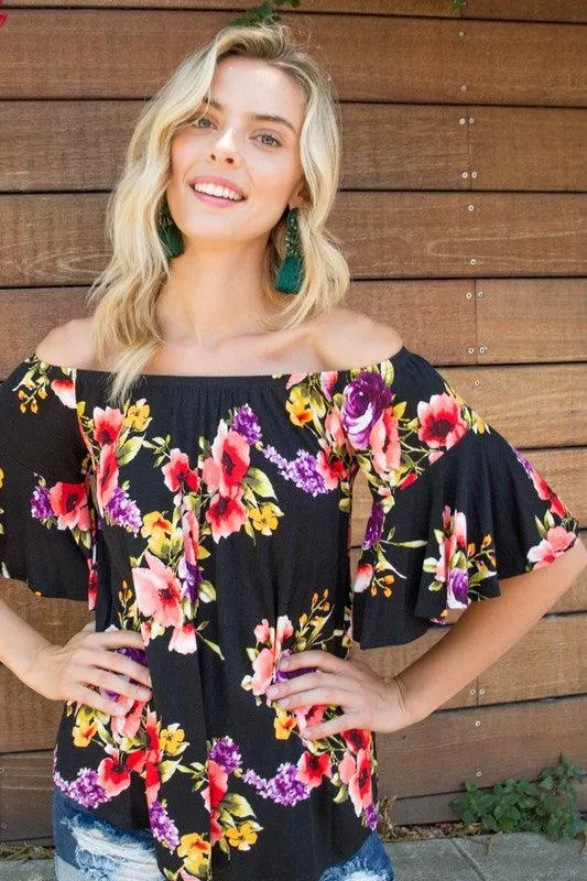 Plus Ruffle Sleeve Off Shoulder Floral Top