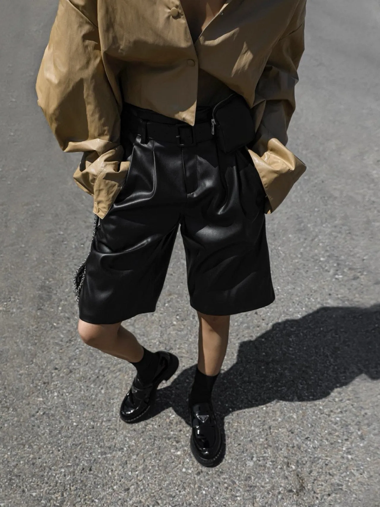 POCKET BELT DETAIL VEGAN LEATHER BERMUDA SHORTS