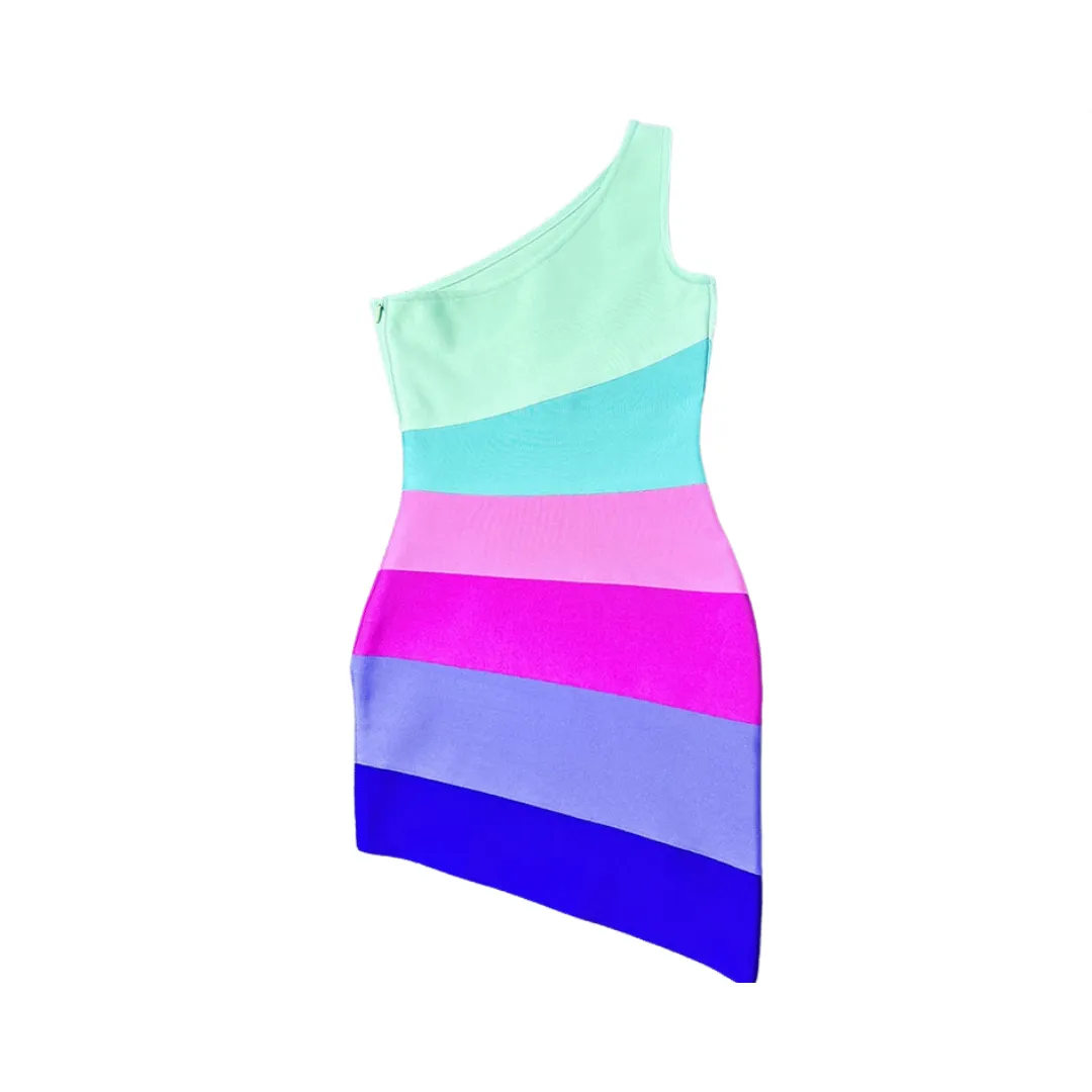 Pre Order:  Rainbow Knitted Diagonal Shoulder Slim Fit Bandage Dress