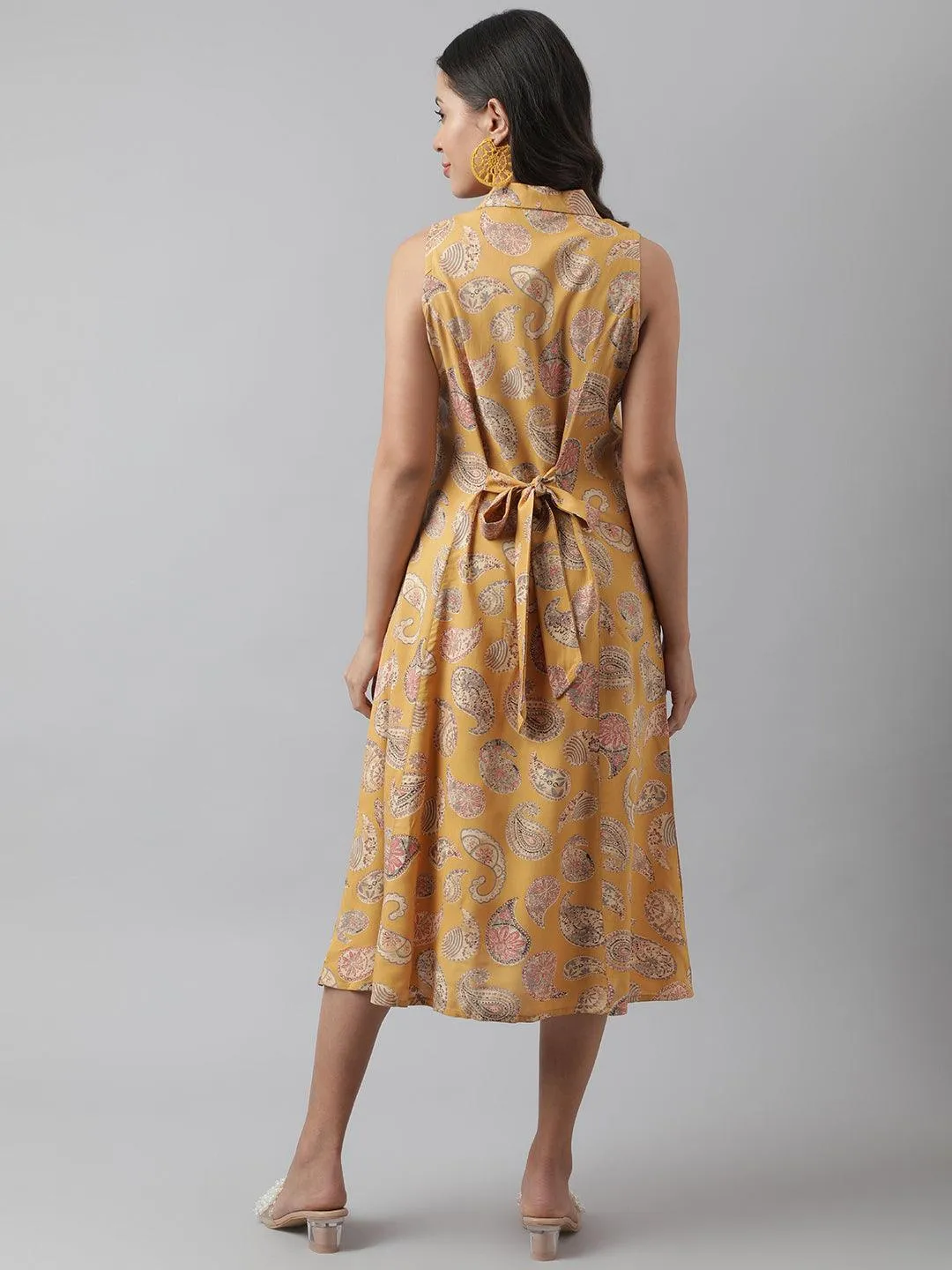 Rayon Mustard A-Line Floral Printed Midi Dress