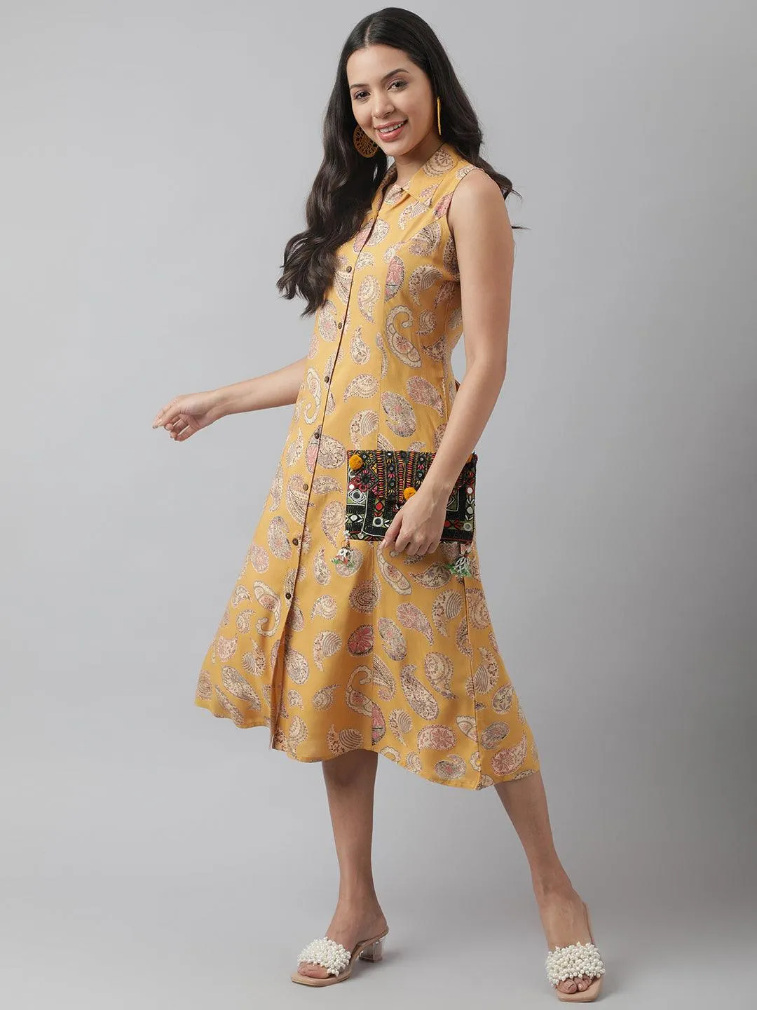 Rayon Mustard A-Line Floral Printed Midi Dress