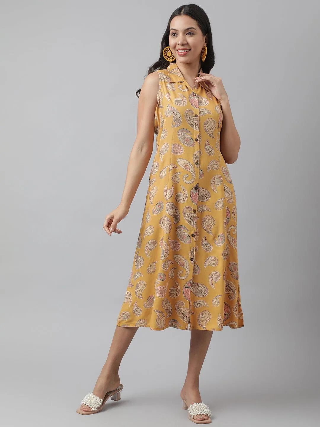 Rayon Mustard A-Line Floral Printed Midi Dress