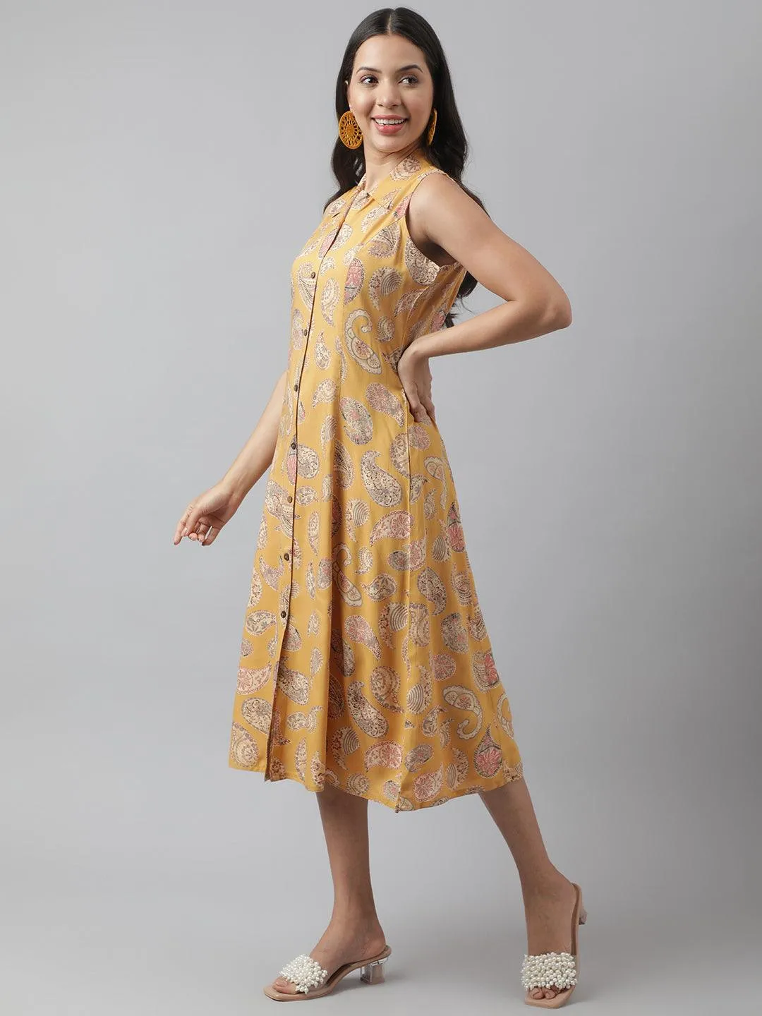 Rayon Mustard A-Line Floral Printed Midi Dress