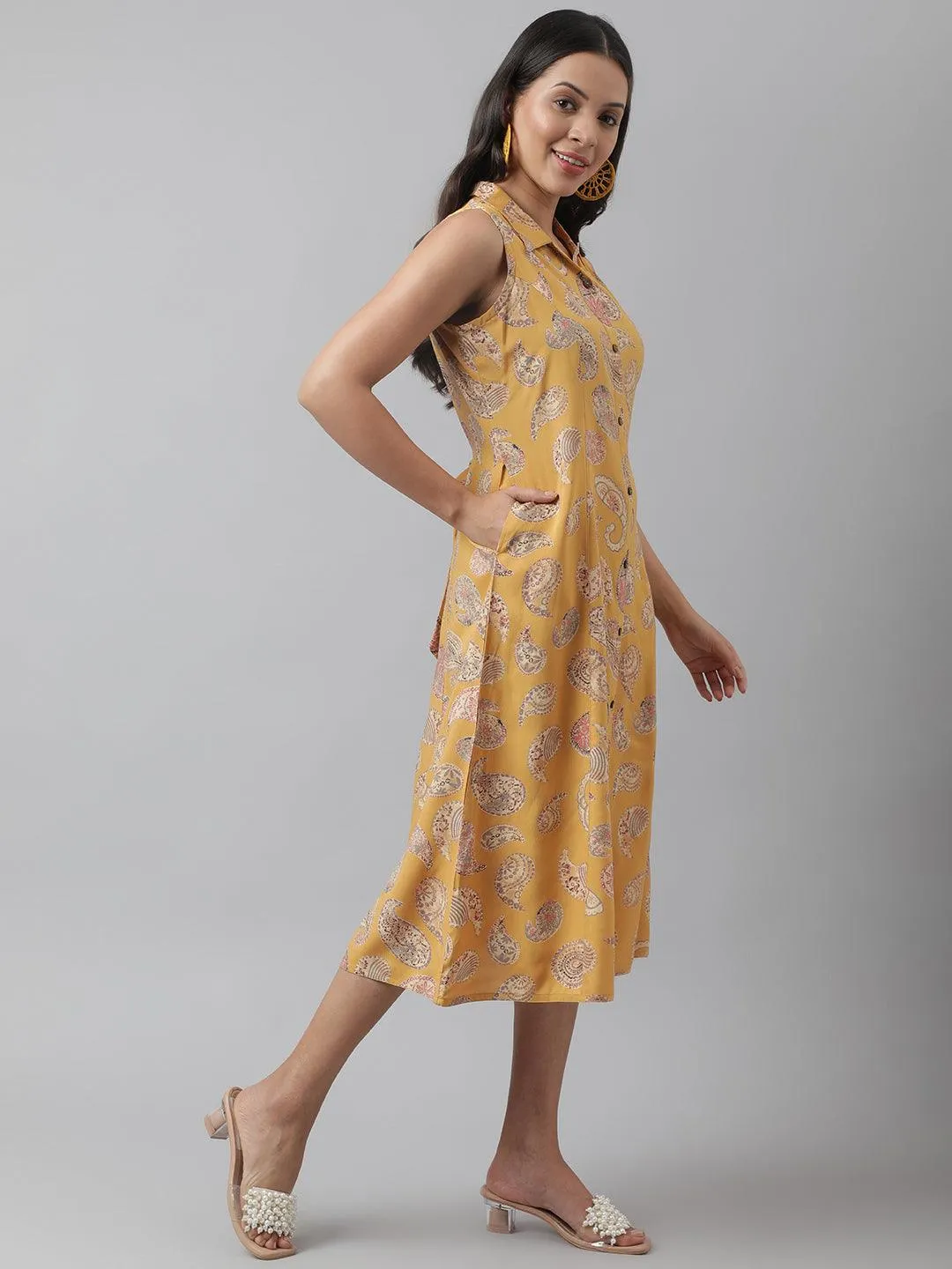 Rayon Mustard A-Line Floral Printed Midi Dress