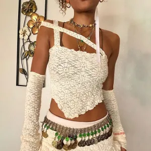 Retro Embossed Cutout Sling Top Women Sexy Sweet Summer