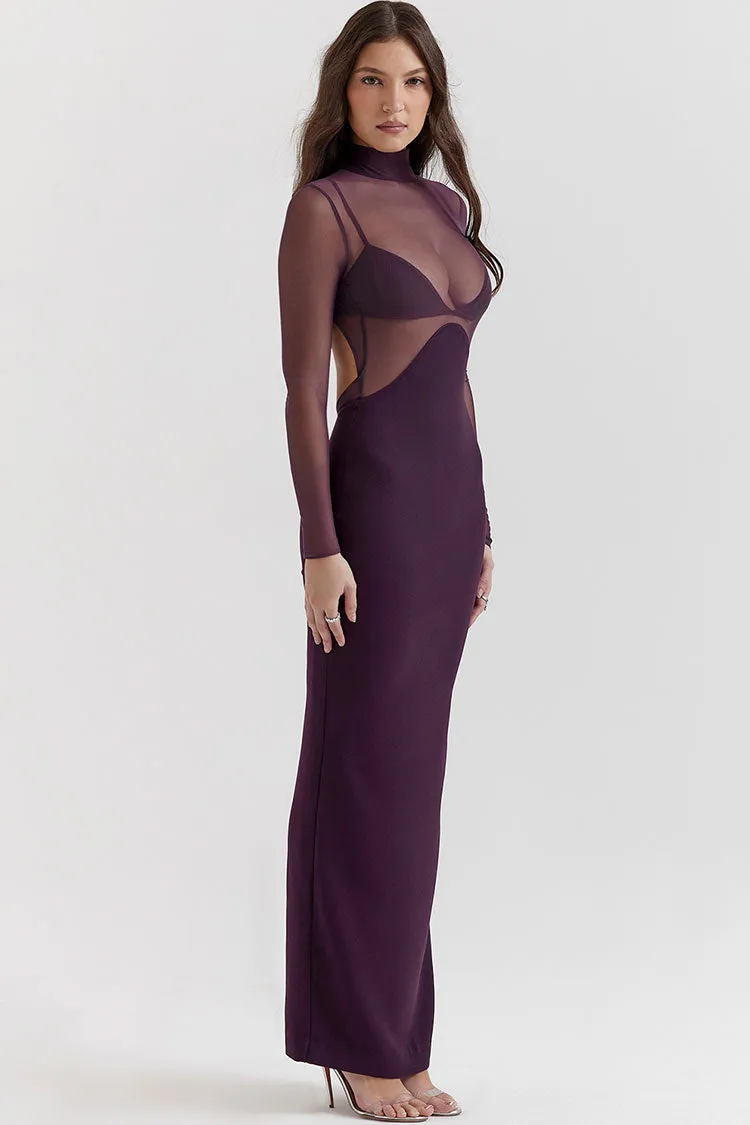 Sexy Mock Neck Long Sleeve Sheer Mesh Panel Bodycon Maxi Dress - Fuchsia