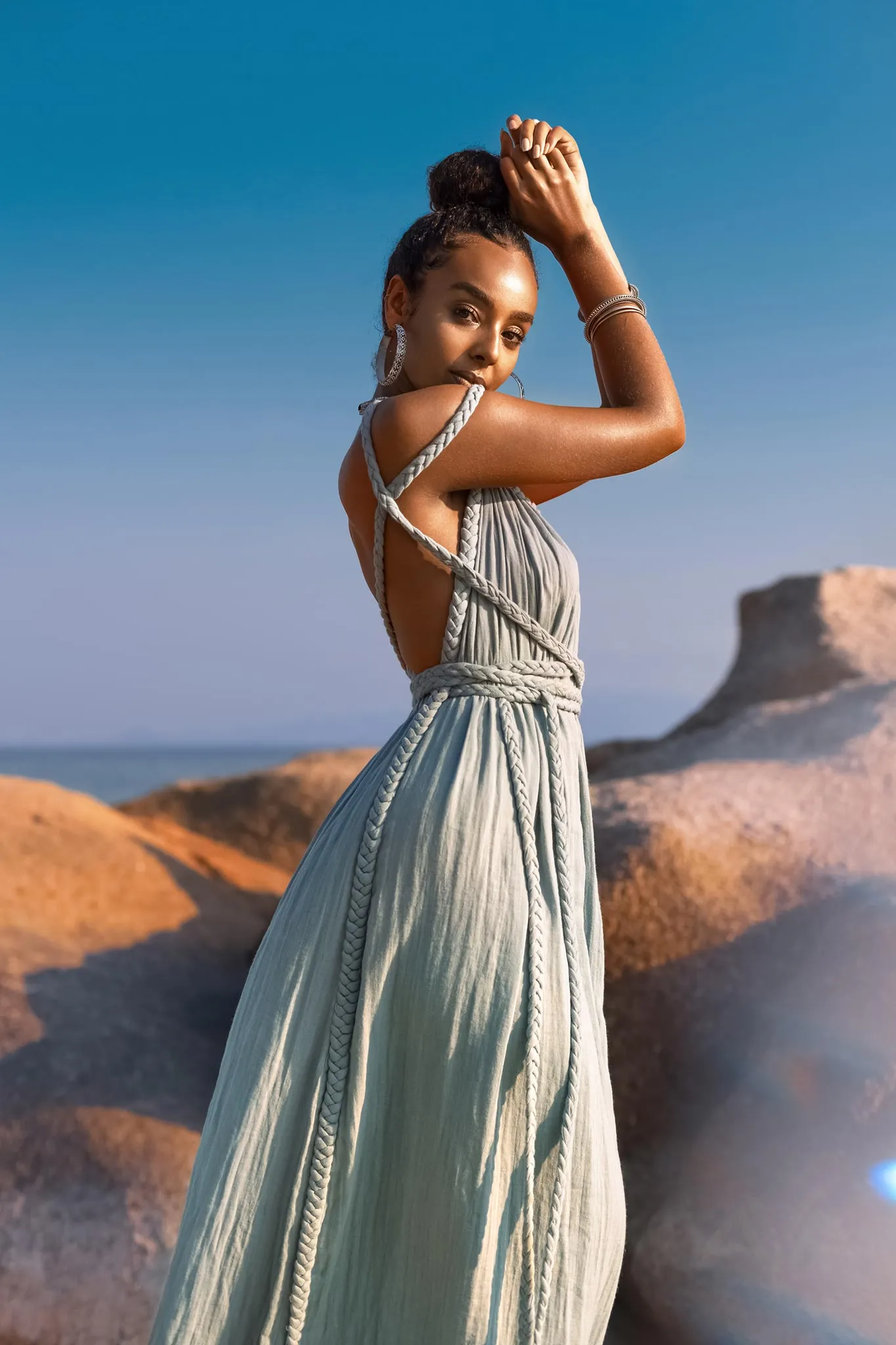 Sky Blue Greek Goddess Prom Boho Dress