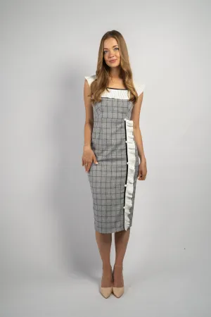 Sophisticated Plaid Pencil Dress with Ruffled Accents