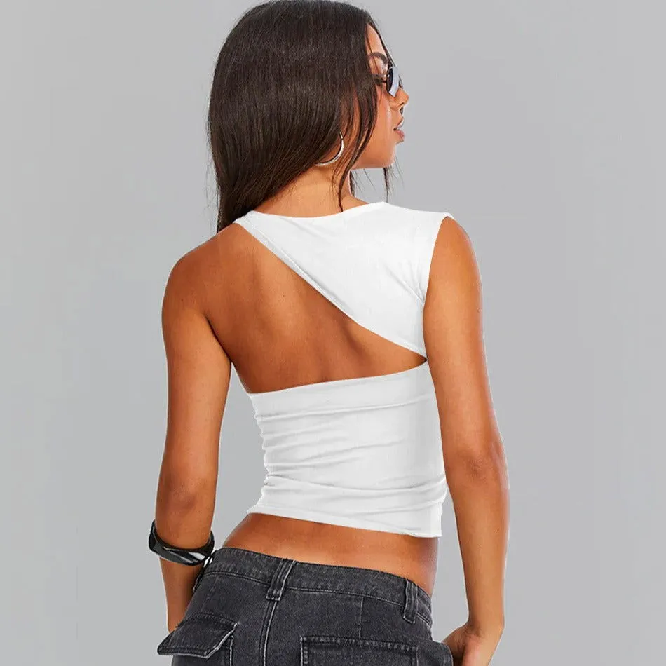 Spring Summer Irregular Asymmetric Neckline Top Sexy Backless T shirt Slim Fit Vest Outer Wear Women