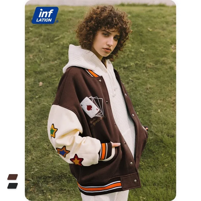 Streetwear Vintage Baseball Jacket with Towel Embroidery and Fleece