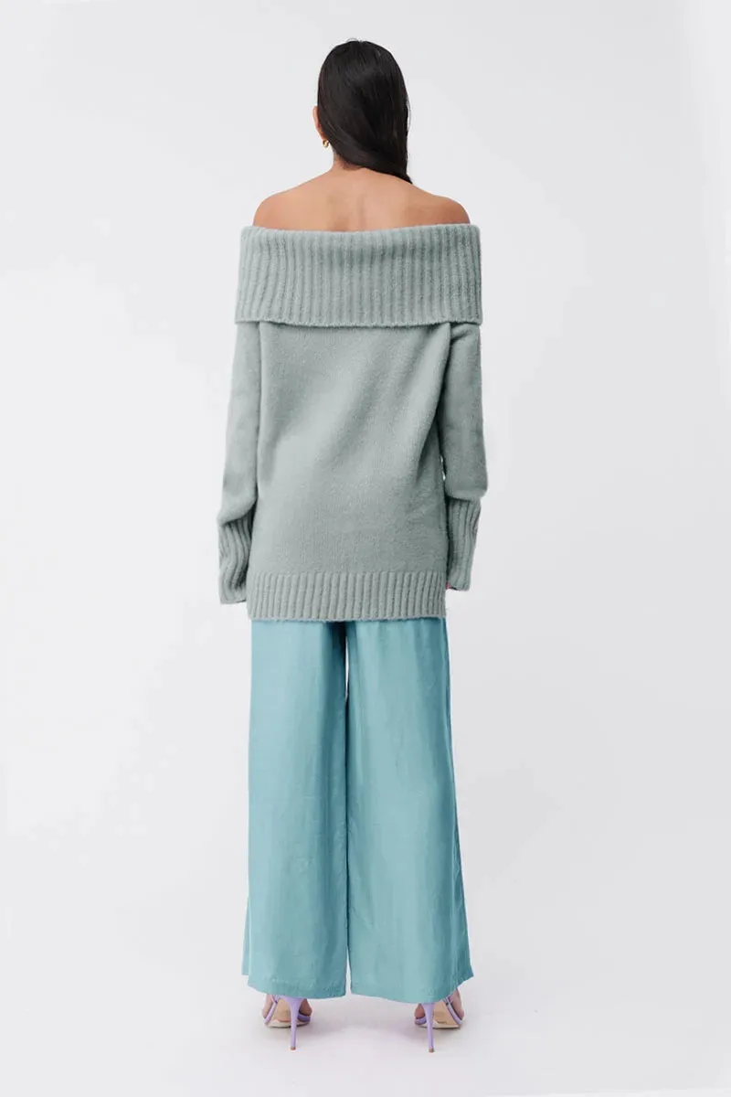 SUBOO JEAN OFF SHOULDER KNIT JUMPER IN SEAFOAM