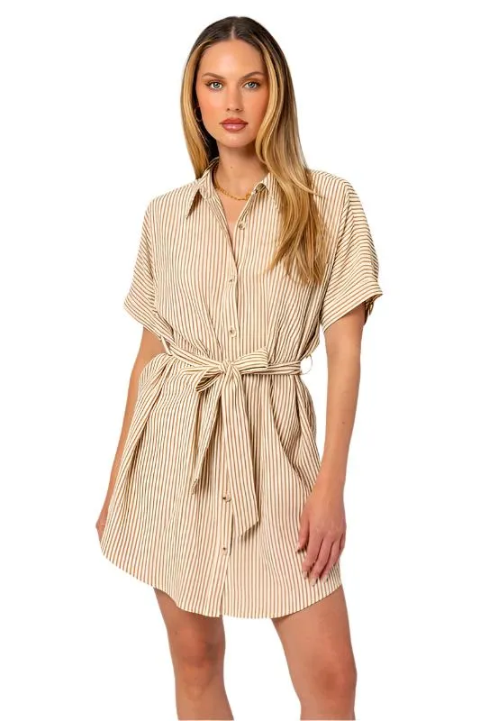 TEEK - Cream-Taupe Stripe Half-Sleeve Buttoned Shirt Dress